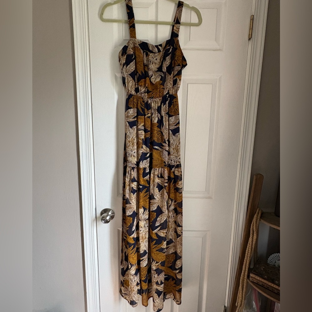 Forever 21 Navy, Mustard & Cream Leaf-Print Maxi Dress